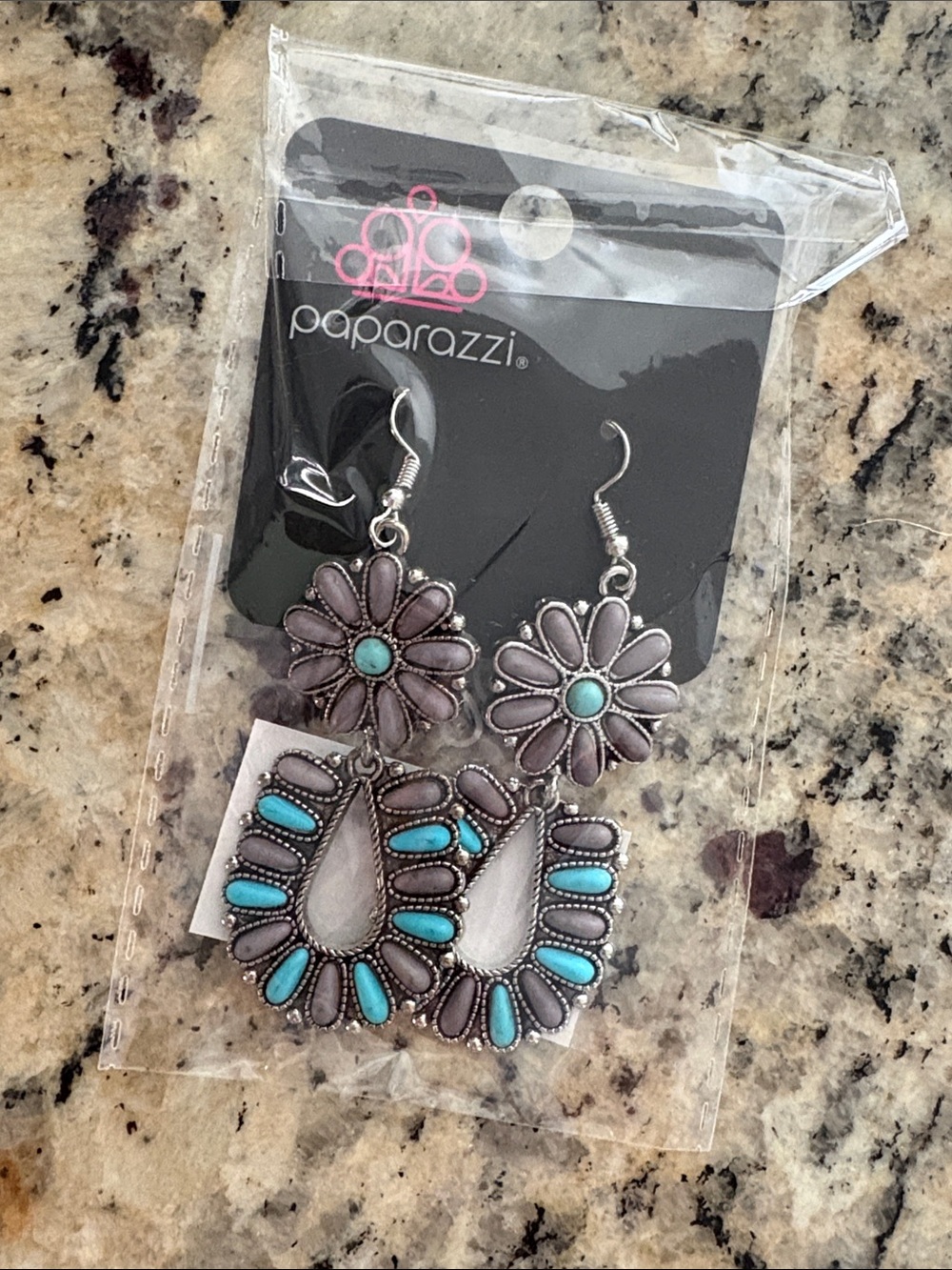paparazzi Turquoise & Gray Boho Flower Drop Earrings
